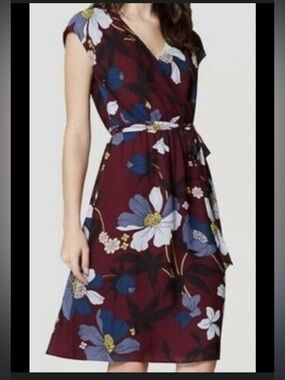 LOFT Wine Floral Midi Dress with Blue & White Blooms